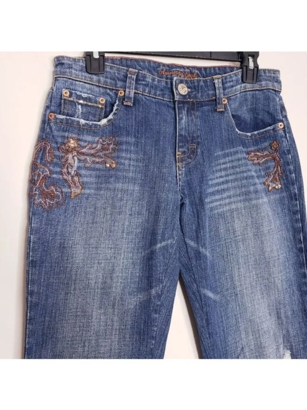 American Eagle Stretch Boot Beaded Distressed Bootcut Jeans Y2K Women's Size 6